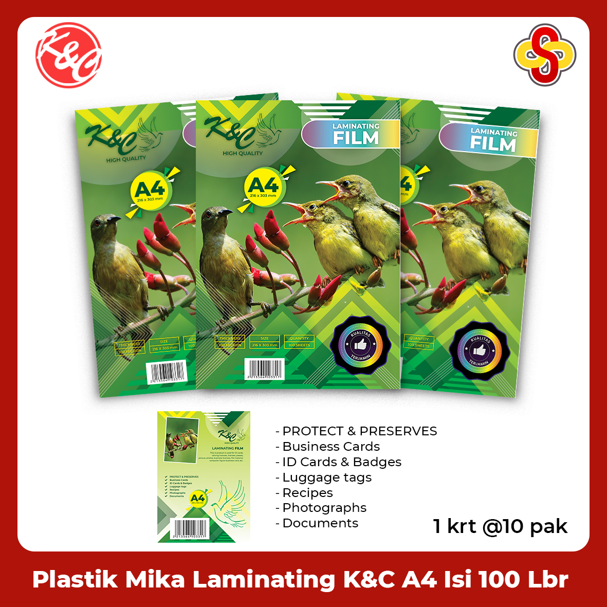 Plastik Mika Laminating K&C A4 216 x 303 mm 100 micron Isi 100 Lembar